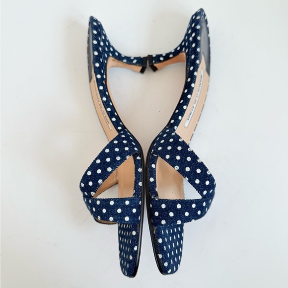 Manolo Blahnik Navy Polka Dot Denim Mule Kitten Heel Slide sandals EU 39 - Picture 5 of 10